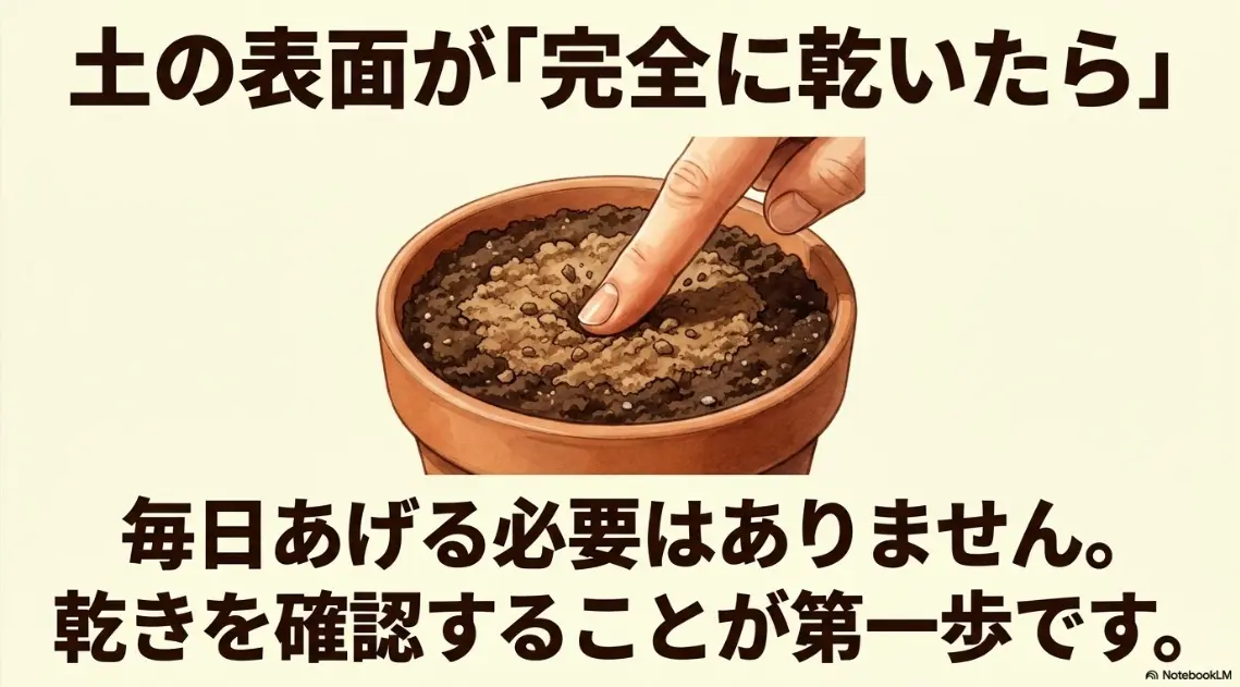 土の表面が「完全に乾いたら」水やりをする。毎日あげる必要はなく、指などで乾きを確認することが第一歩。