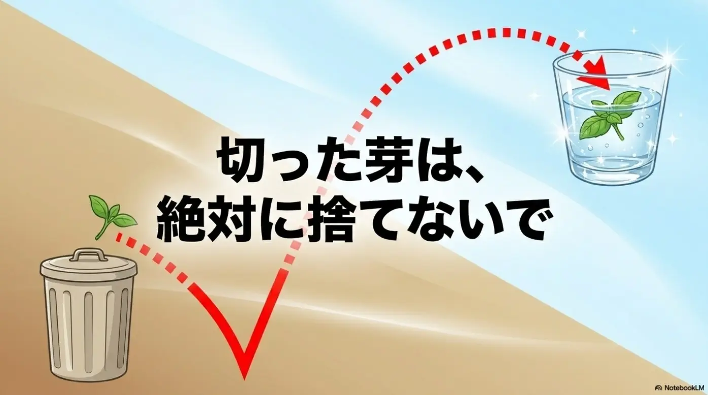 切ったバジルの芽は捨てずに水耕栽培に活用する