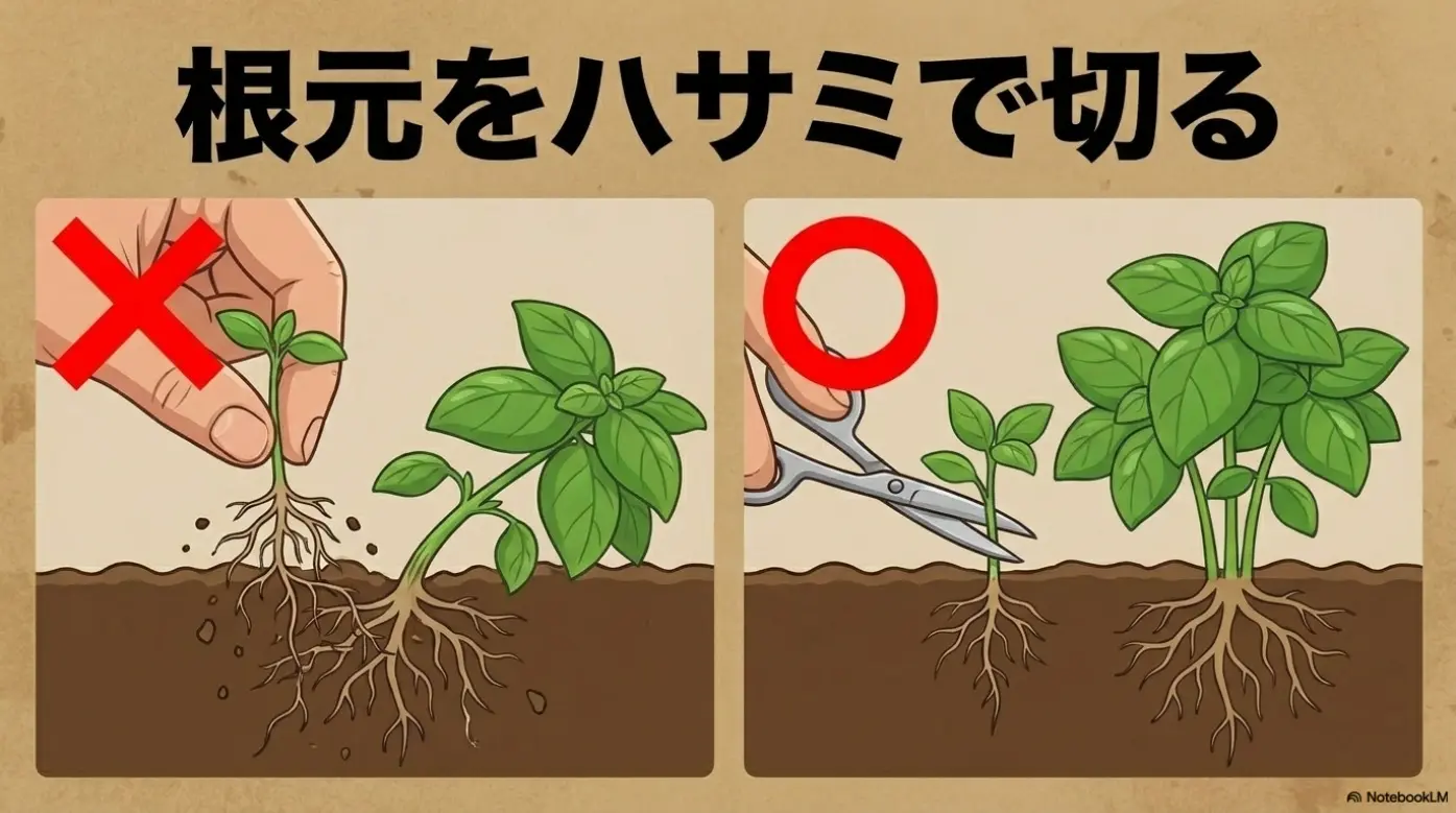 バジルの間引きは根を抜かず根元をハサミで切る
