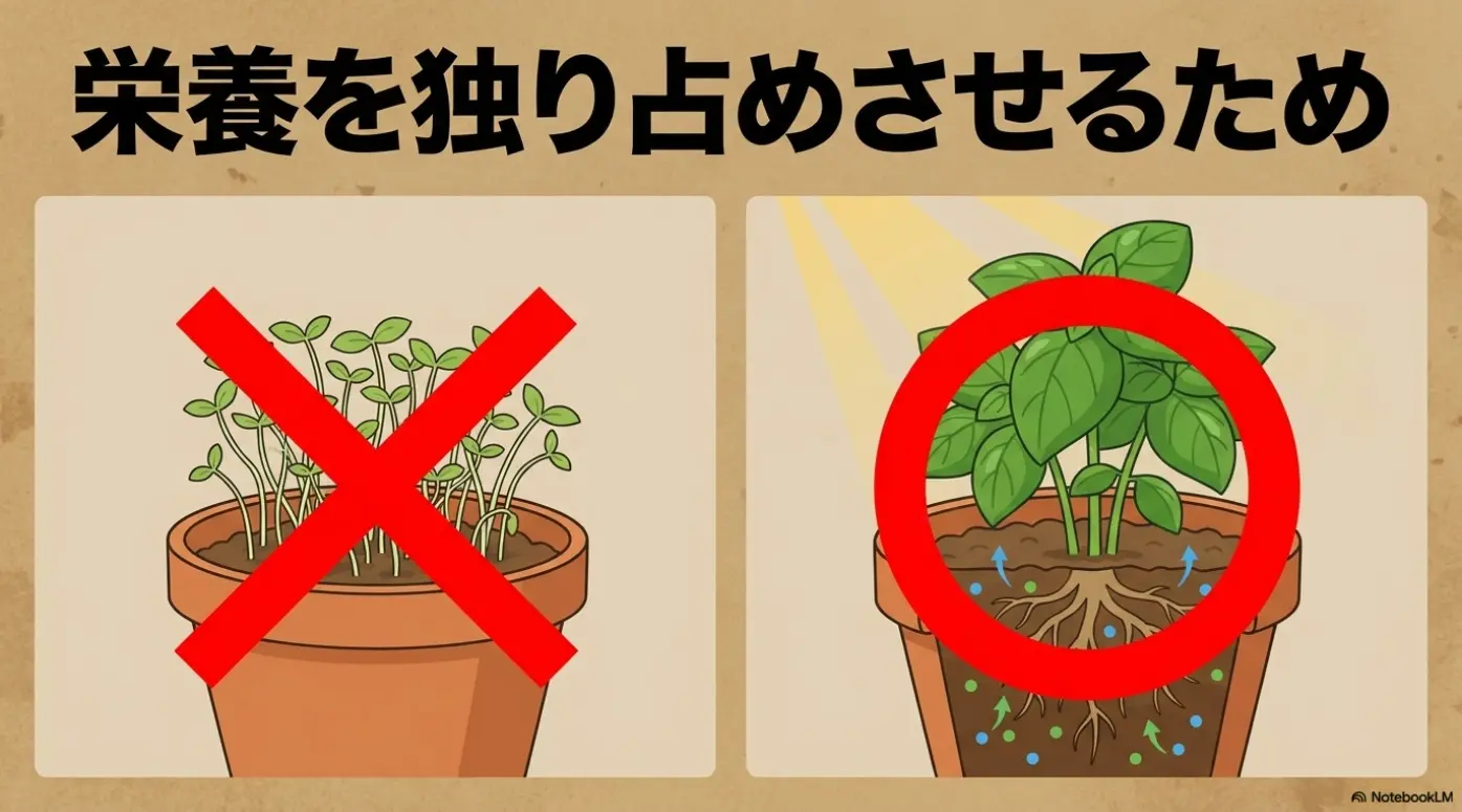 バジルの間引きは残した株に栄養を独り占めさせるために行う
