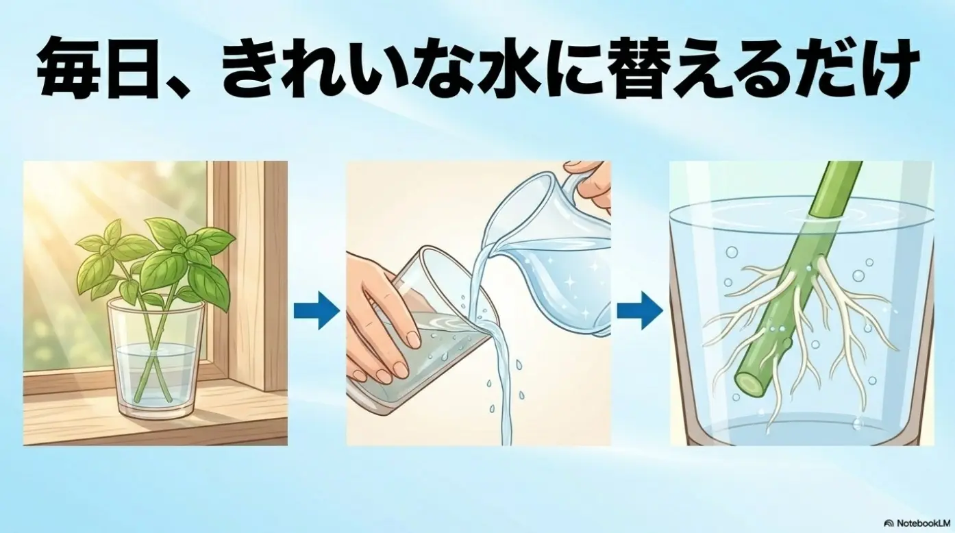 バジルの水耕栽培は毎日きれいな水に替えるだけで根が生える