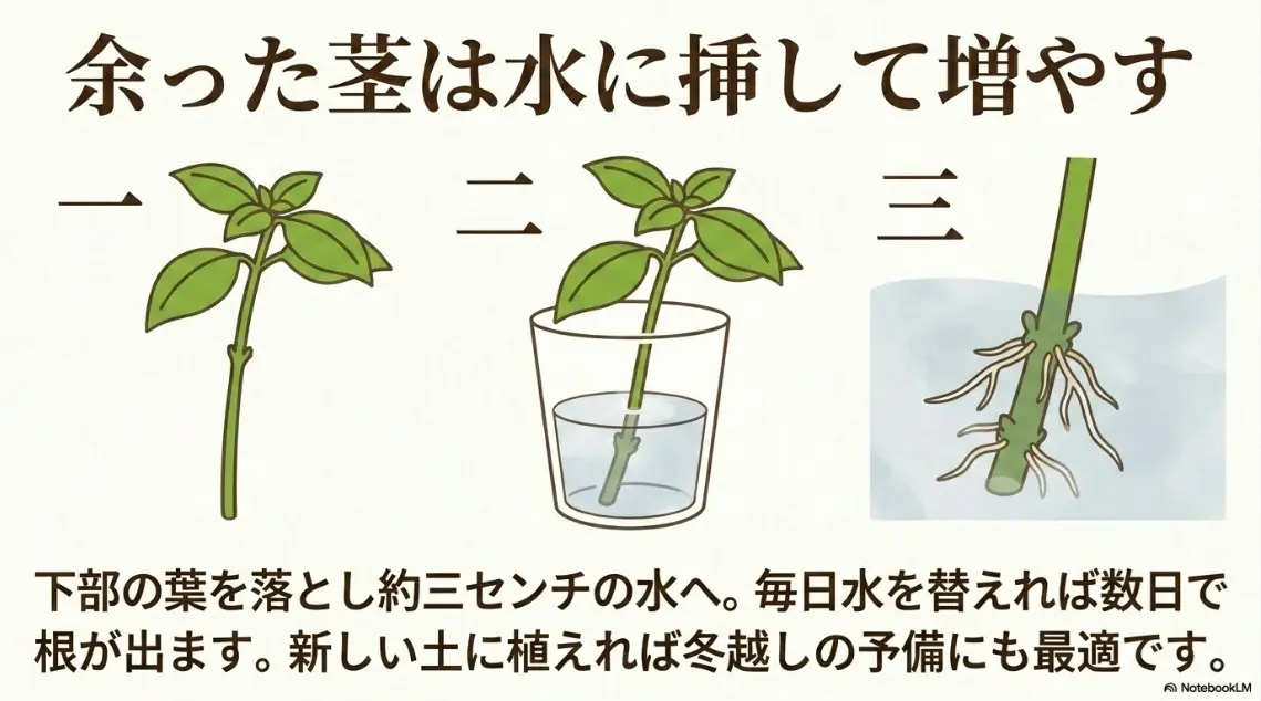 余ったバジルの茎を下部の葉を落として水に挿し根を出して増やす方法
