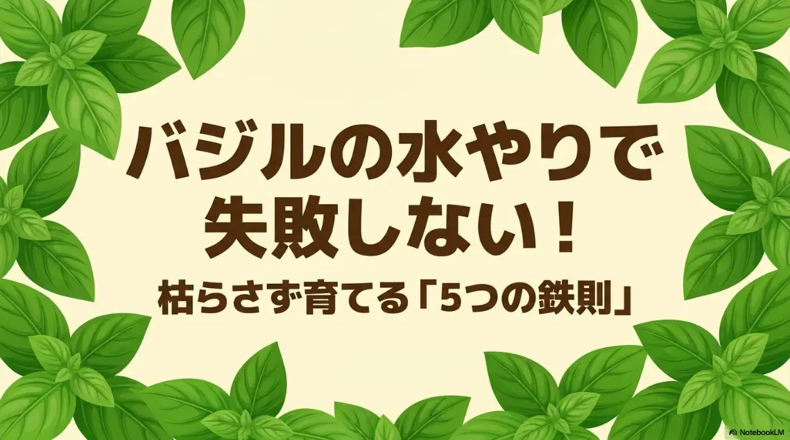 バジルの水やりで失敗しない！枯らさず育てる「5つの鉄則」のタイトルスライド。