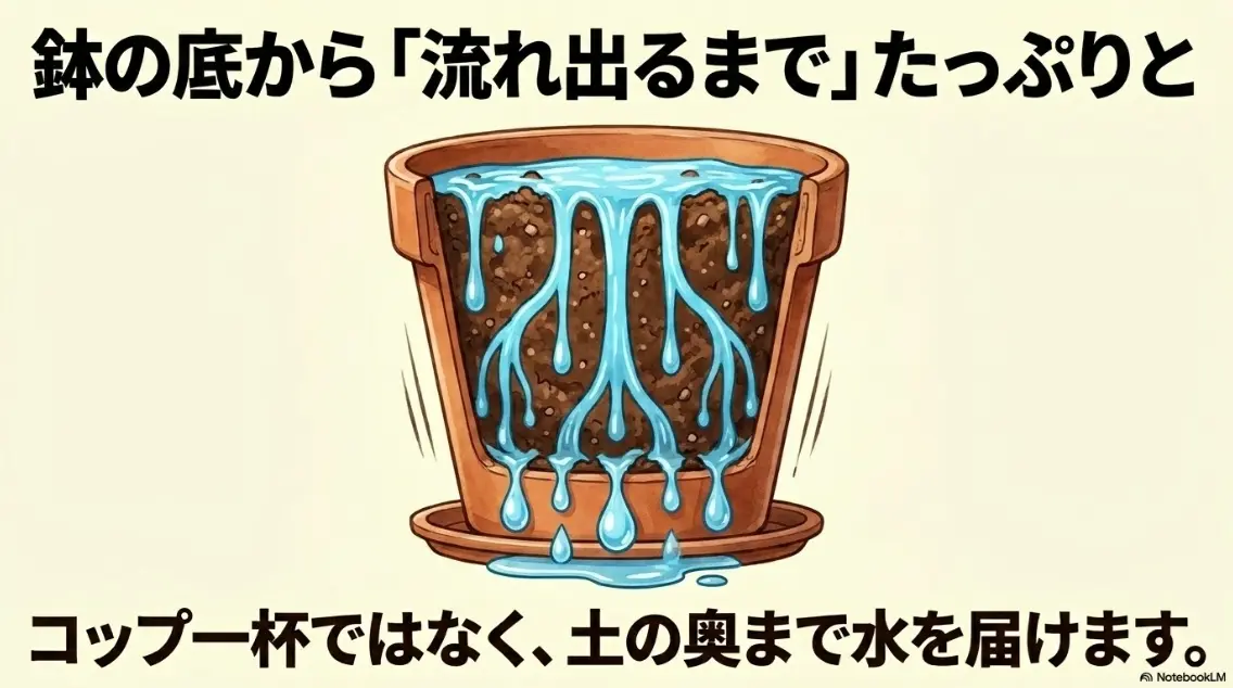 鉢の底から「流れ出るまで」たっぷりと水を与えるイラスト。コップ一杯ではなく、土の奥まで水を届ける。