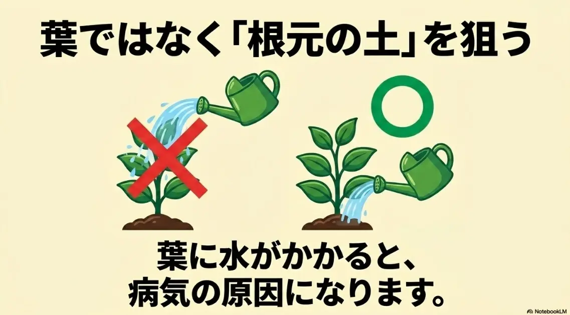 葉ではなく「根元の土」を狙って水やりをする。葉に水がかかると病気の原因になります。
