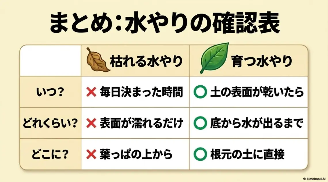 まとめ：水やりの確認表。いつ、どれくらい、どこに与えるかについて、「枯れる水やり」と「育つ水やり」を比較した表。