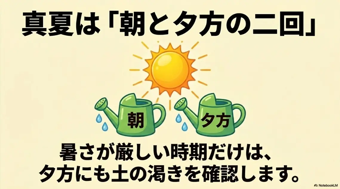 真夏は「朝と夕方の二回」水やりをする。暑さが厳しい時期だけは、夕方にも土の渇きを確認します。