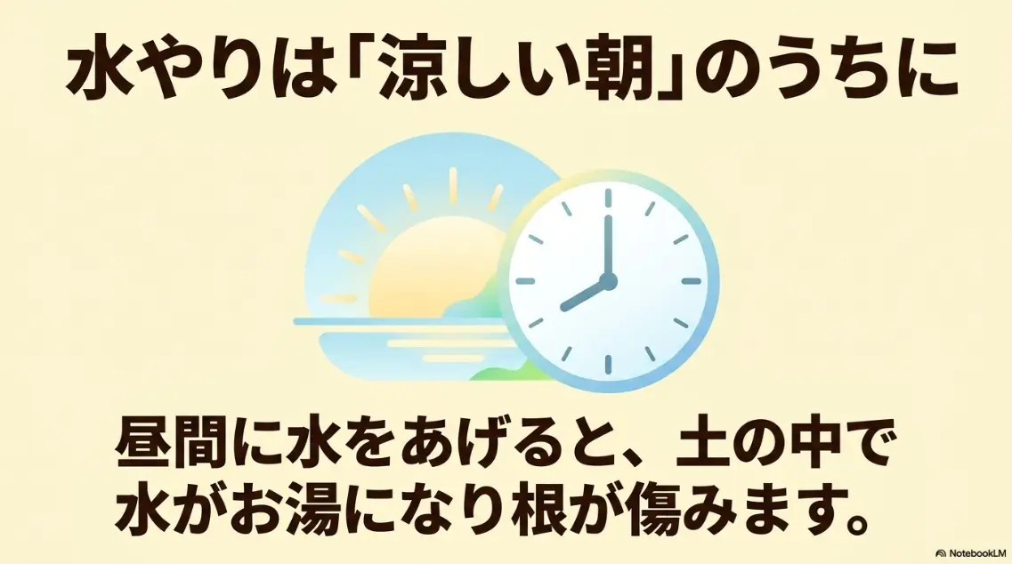 水やりは「涼しい朝」のうちに。昼間に水をあげると、土の中で水がお湯になり根が傷みます。