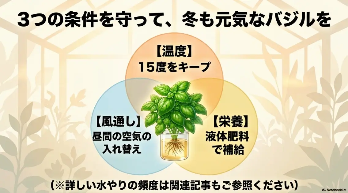 温度・風通し・栄養の3条件を守ってバジルを冬越しさせる