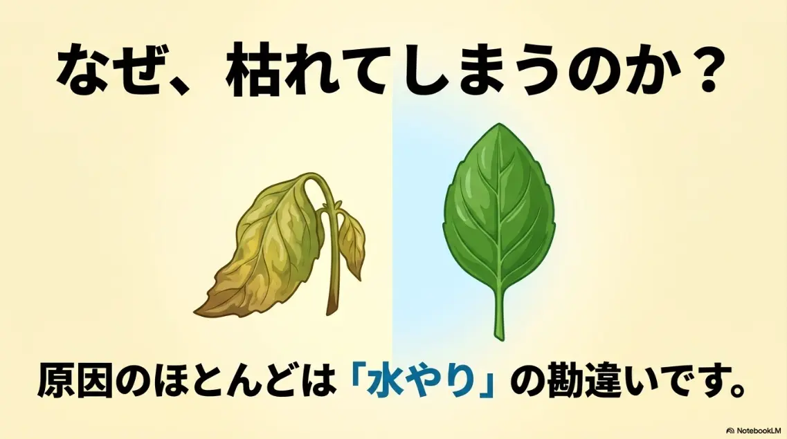 なぜバジルは枯れてしまうのか？原因のほとんどは水やりの勘違いです。しおれた葉と元気な葉の比較イラスト。