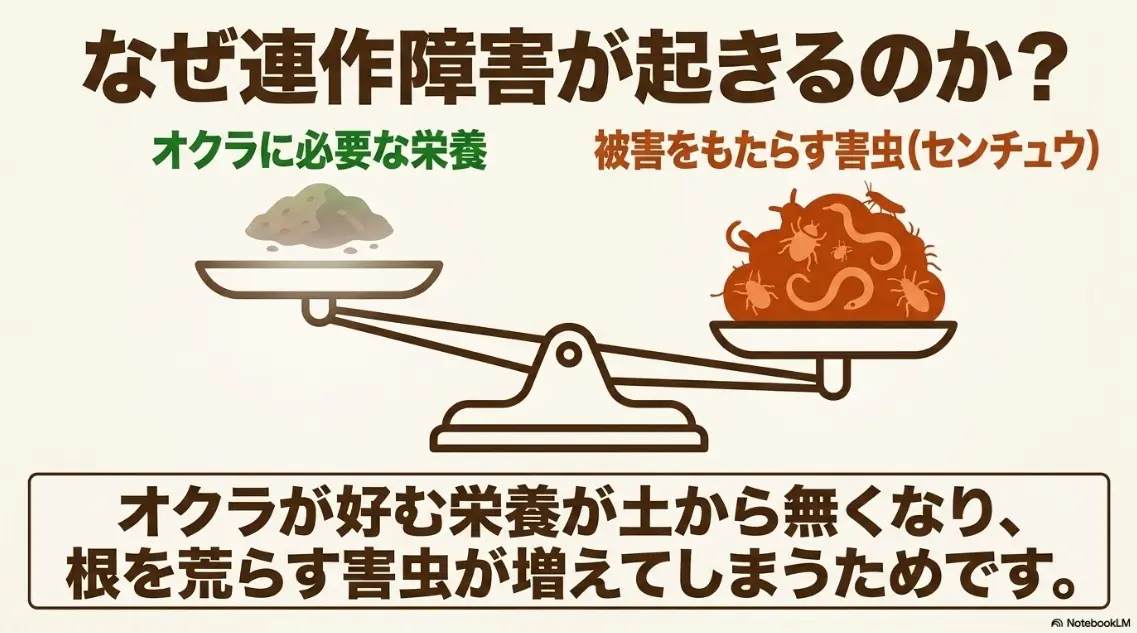 オクラに必要な栄養の減少と害虫（センチュウ）増加のバランス崩れ