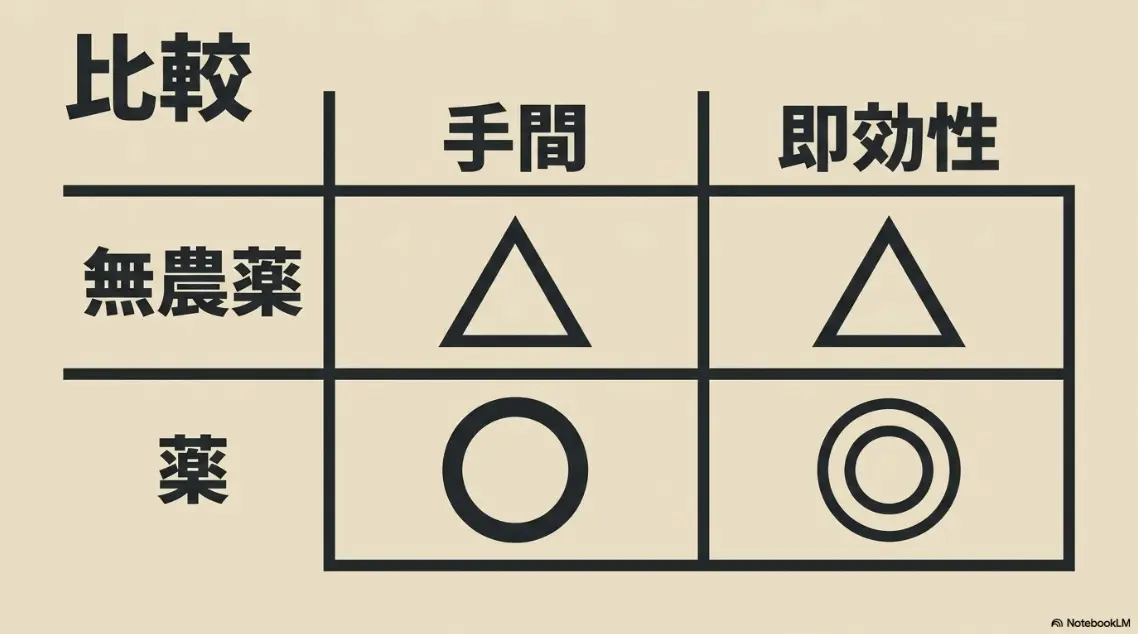 無農薬と農薬の比較表（手間と即効性）