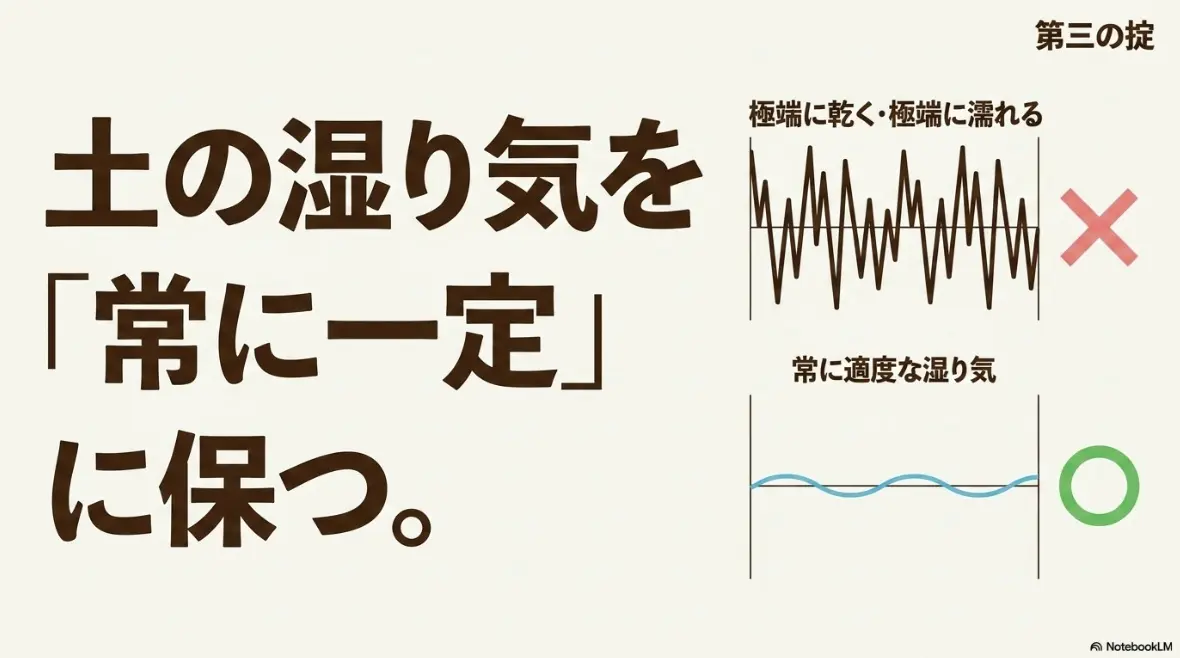 第三の掟:土の湿り気を「常に一定」に保つ。極端に乾く・極端に濡れる状態を避け、常に適度な湿り気を。