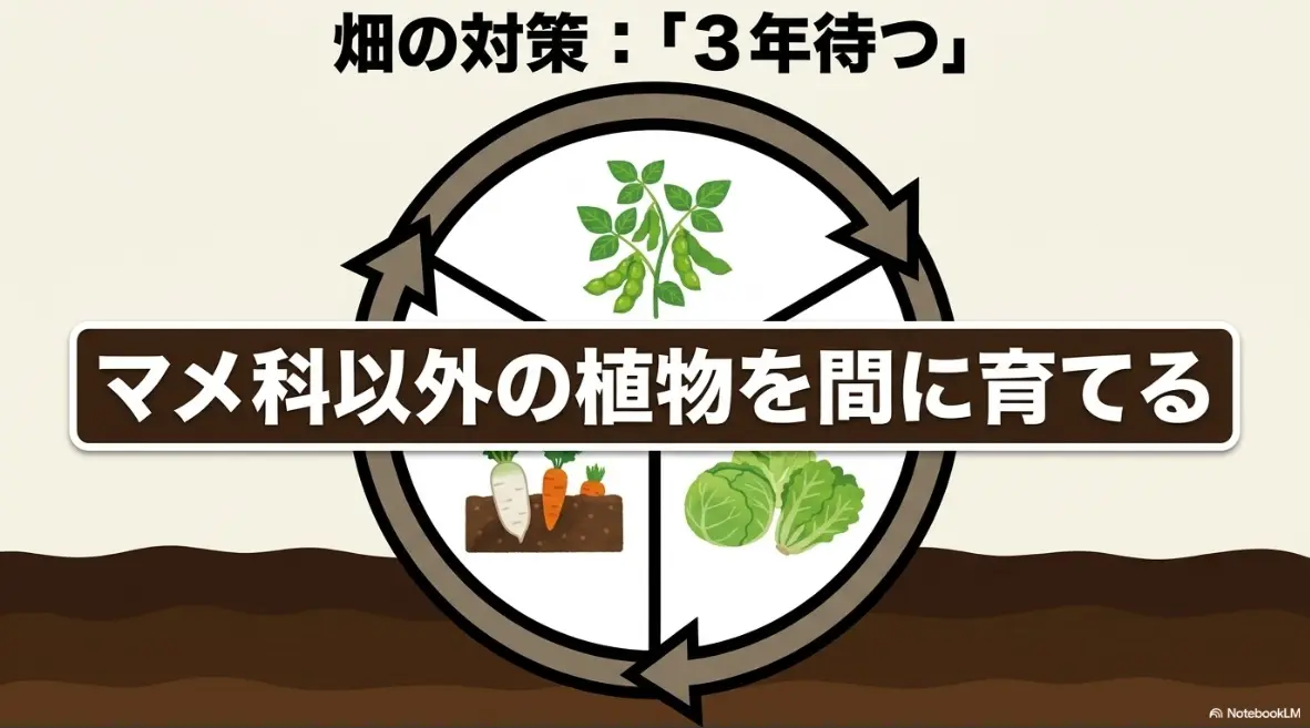 畑の対策:「3年待つ」マメ科以外の植物を間に育てる