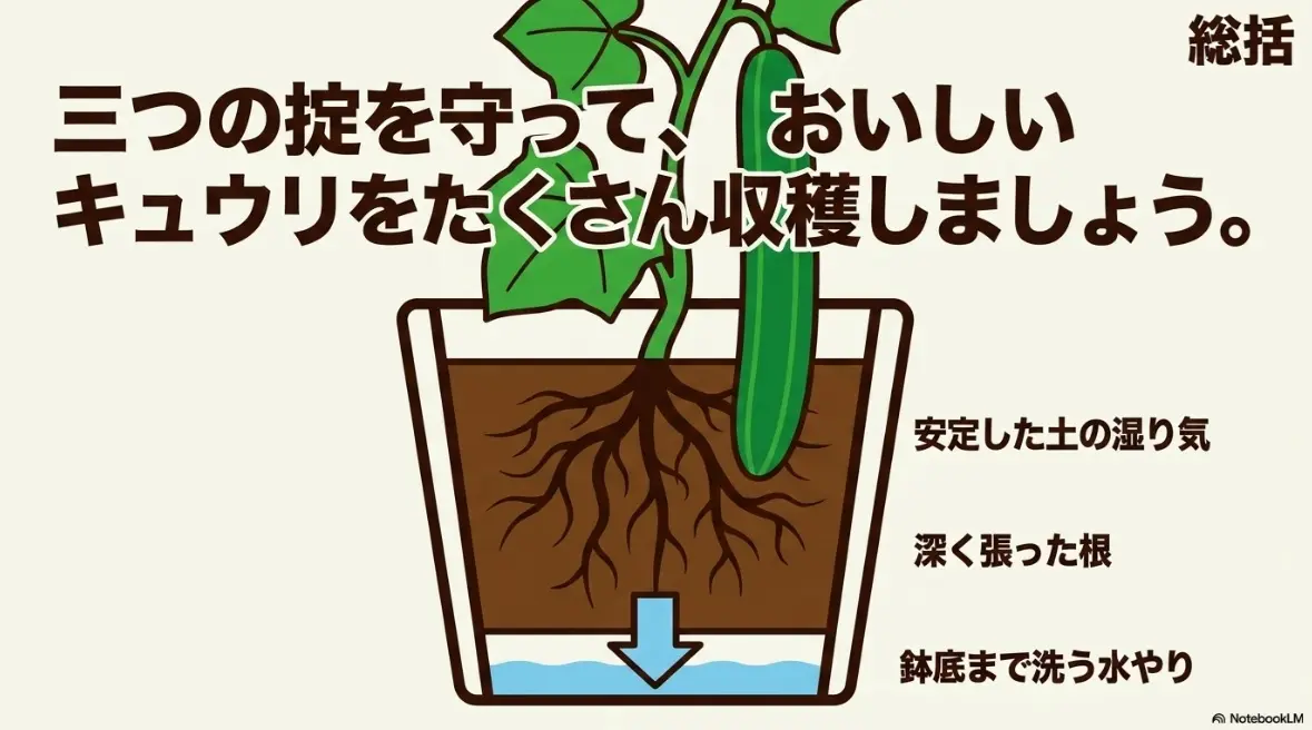 総括:三つの掟を守って、おいしいキュウリをたくさん収穫しましょう。安定した土の湿り気、深く張った根、鉢底まで洗う水やり。