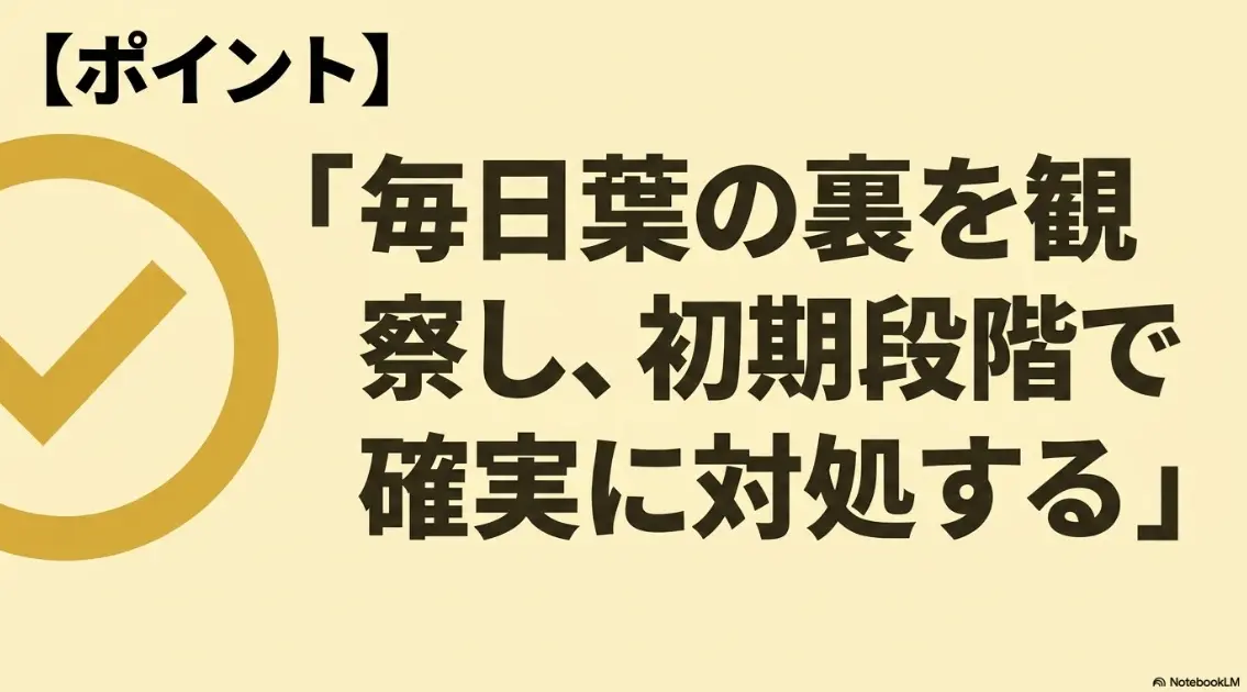 : 毎日葉の裏を観察し、初期段階で確実に対処するポイント