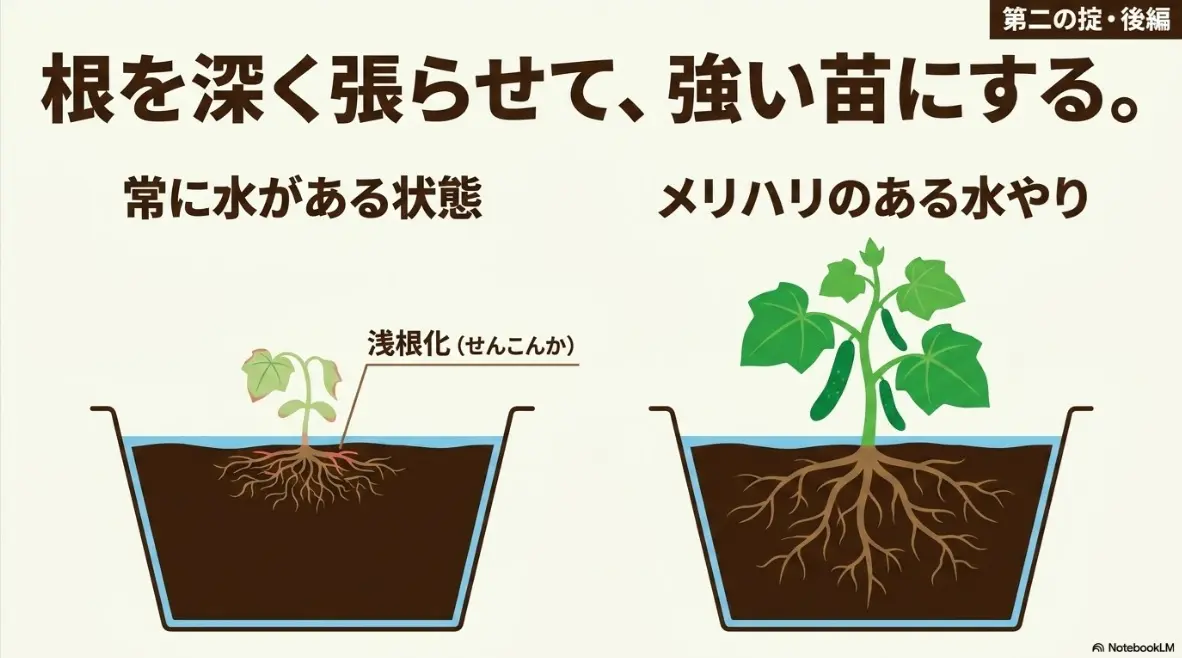 第二の掟・後編:根を深く張らせて、強い苗にする。常に水がある状態は浅根化(せんこんか)、メリハリのある水やりで根を深く張らせる。