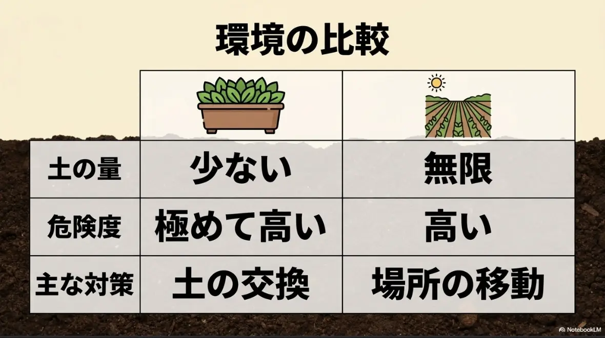 畑とプランターの環境の比較。土の量、危険度、主な対策の違い