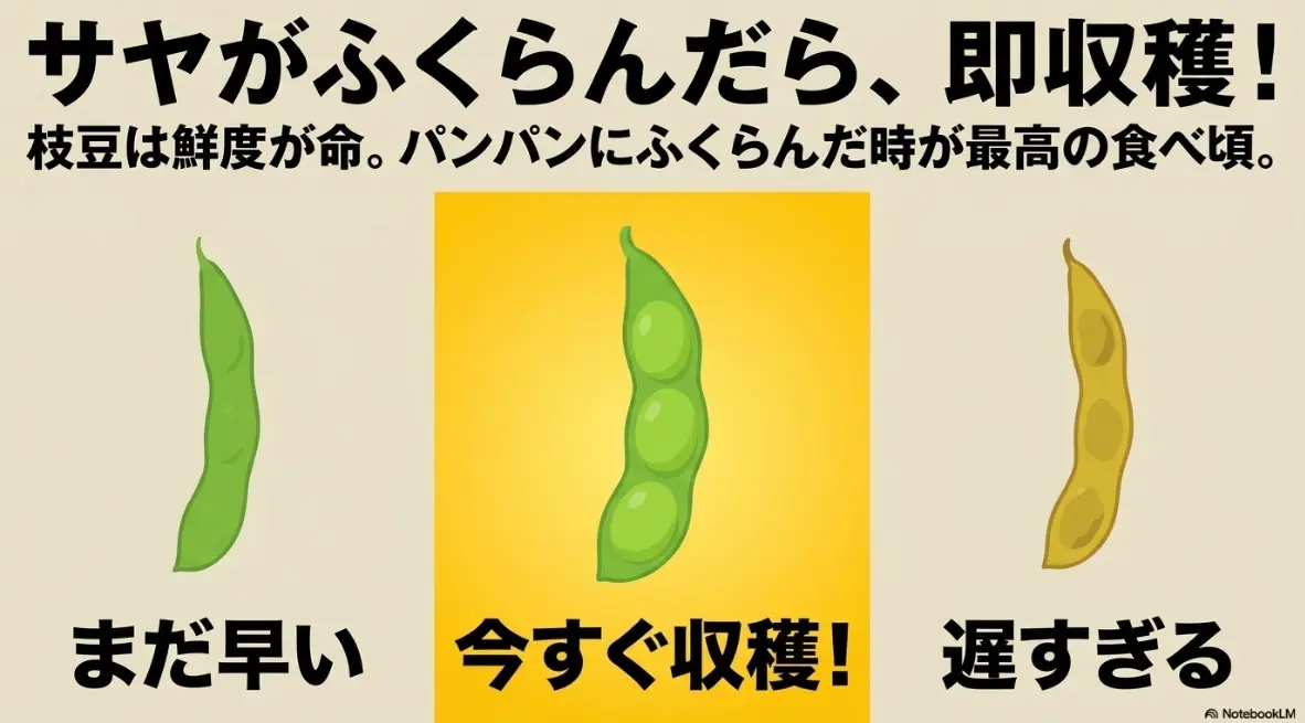 パンパンに膨らんだ枝豆の最高の食べ頃と最適な収穫時期を示すイラスト