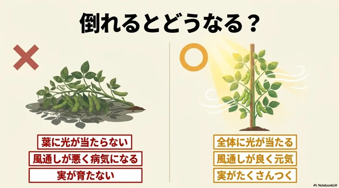 枝豆が倒伏した時の被害と、支柱で光と風が当たる元気な状態の比較