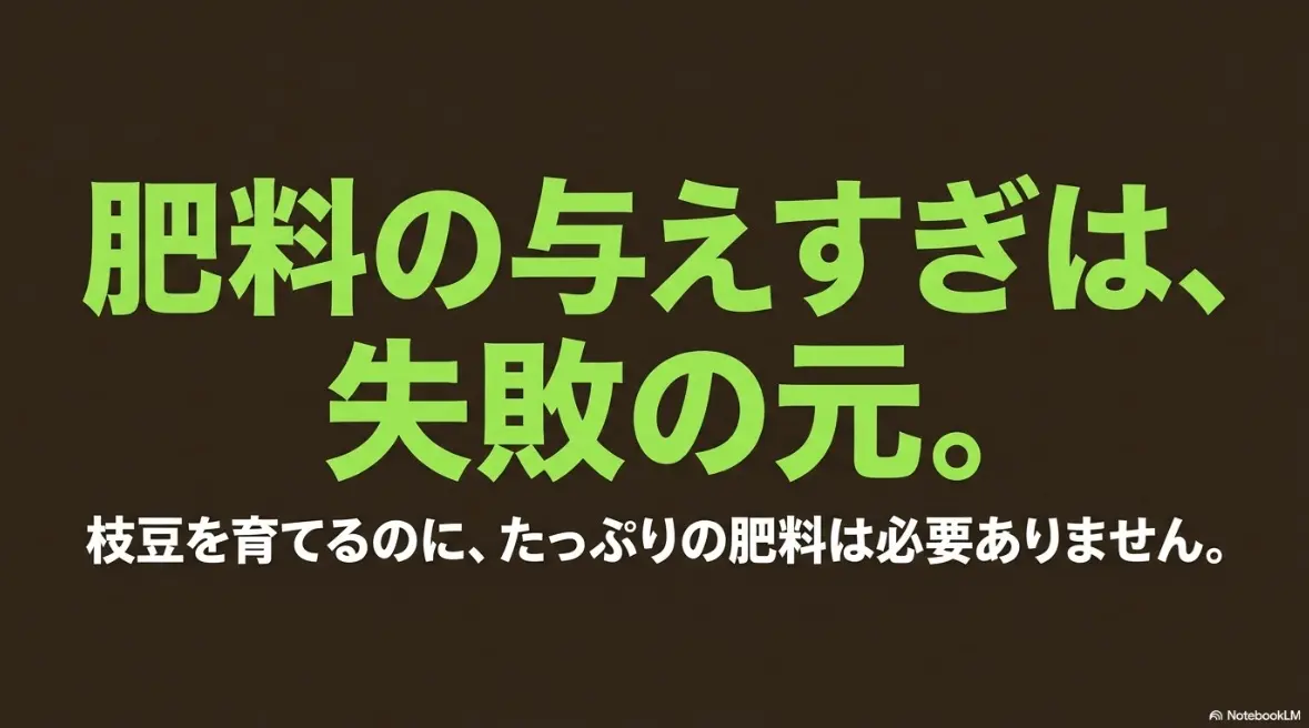 肥料の与えすぎは栽培失敗の元であり、枝豆にたっぷりの肥料は必要ないことを伝えるスライド