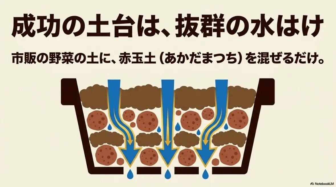 プランターの抜群の水はけと赤玉土を活用した土の構造を示す図解