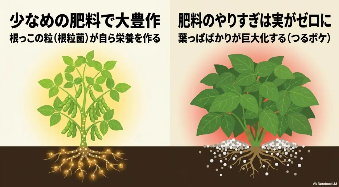 根粒菌が根について自ら栄養を作る枝豆のイラストとつるぼけの注意喚起