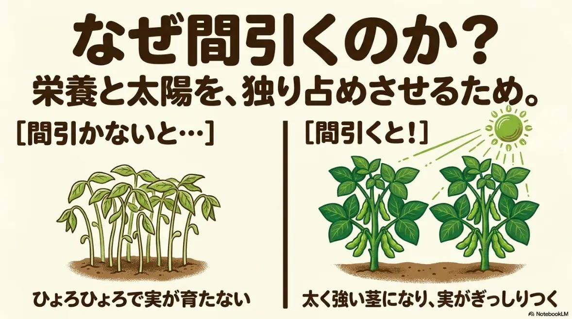 枝豆を間引く理由：栄養と太陽を独り占めさせて太く強い茎にするため