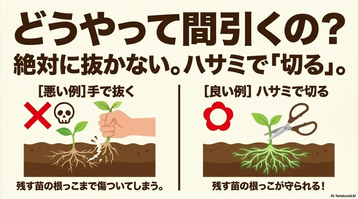 枝豆の間引き方法：絶対に抜かずにハサミで根元を切る（手で抜くと残す苗の根が傷つく）