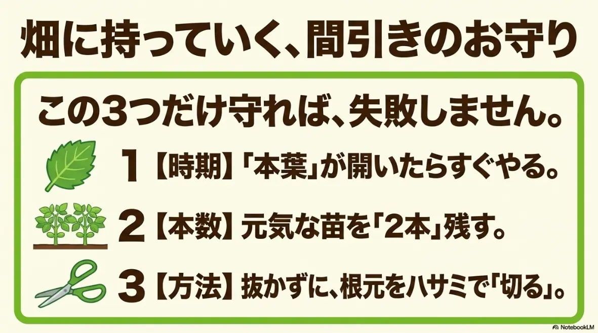 枝豆の間引き3つの絶対法則：1.本葉が開いたらすぐやる、2.元気な苗を2本残す、3.抜かずにハサミで切る