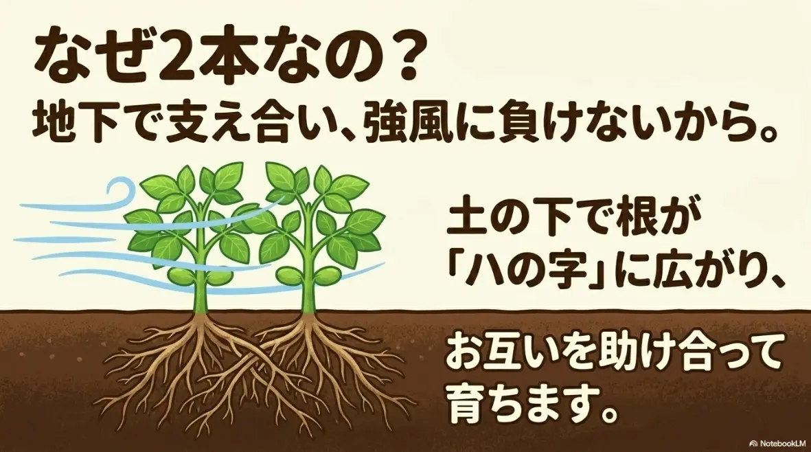 枝豆を2本残す理由：地下で根がハの字に広がり、支え合って強風に負けないため