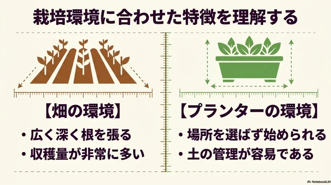 畑とプランターの栽培環境に合わせた特徴