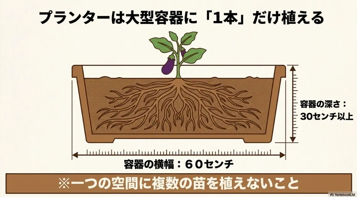 プランターは大型容器に1本だけ植える