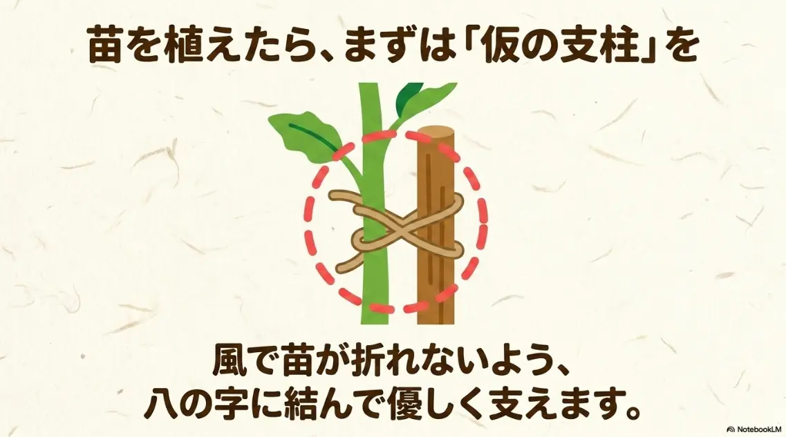 苗が折れないよう八の字結びで優しく支える