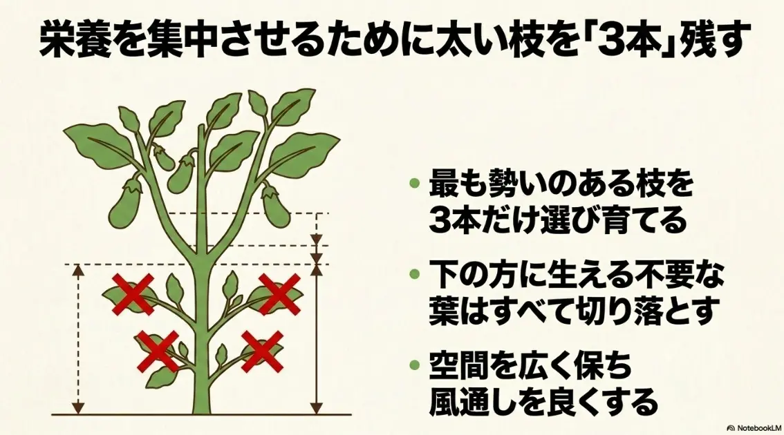 栄養を集中させるために太い枝を3本残す