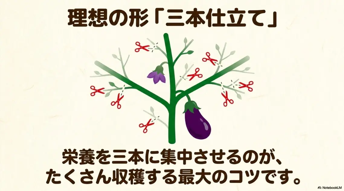 栄養を3本に集中させるナスの3本仕立て