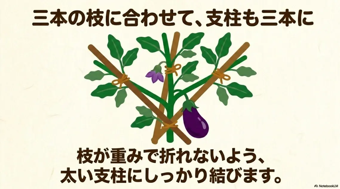 3本の枝に合わせて太い支柱を3本立てる方法