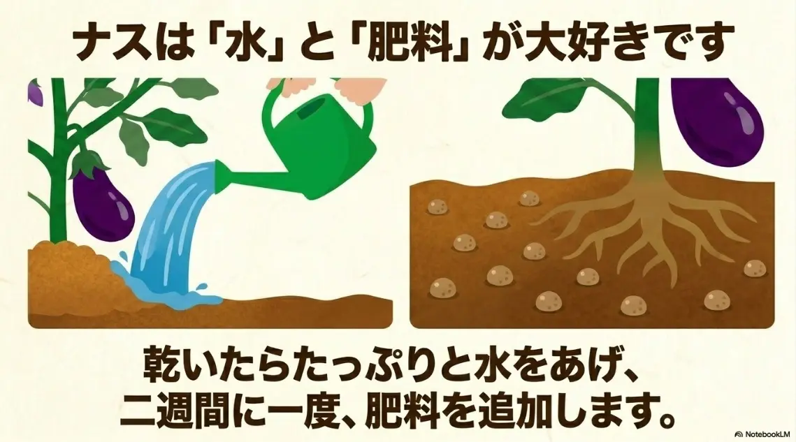 ナスは水と肥料が大好き