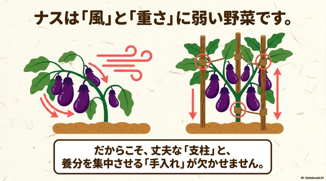 ナスは風と実の重さに弱い野菜