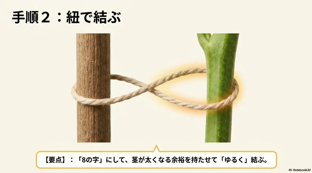枝豆の茎と支柱を8の字にしてゆるく結ぶ方法