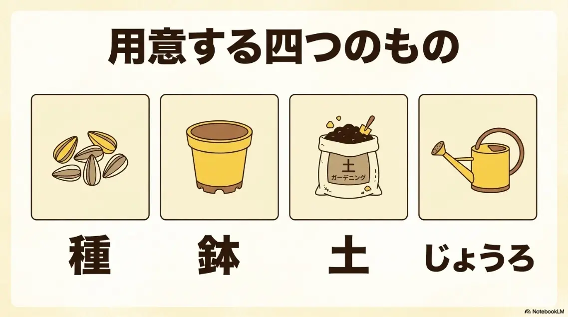 ミニひまわりの栽培に必要な種、鉢、ガーデニング用の土、じょうろの4つのアイテム