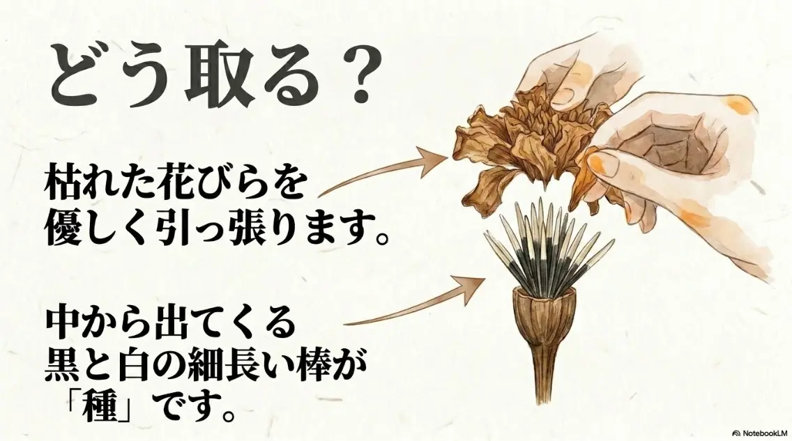 枯れた花びらを引き抜いて黒と白の種を取り出す手順を示すスライド