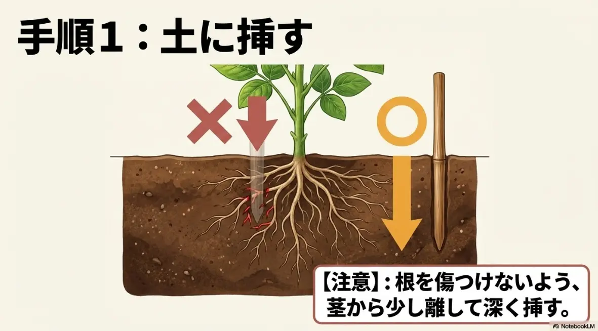 枝豆の根を傷つけないように茎から少し離して深く支柱を挿す方法