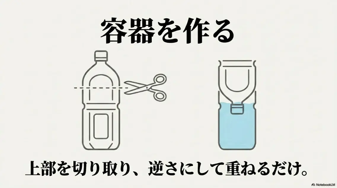 上部を切り取り逆さに重ねるペットボトル容器の作り方