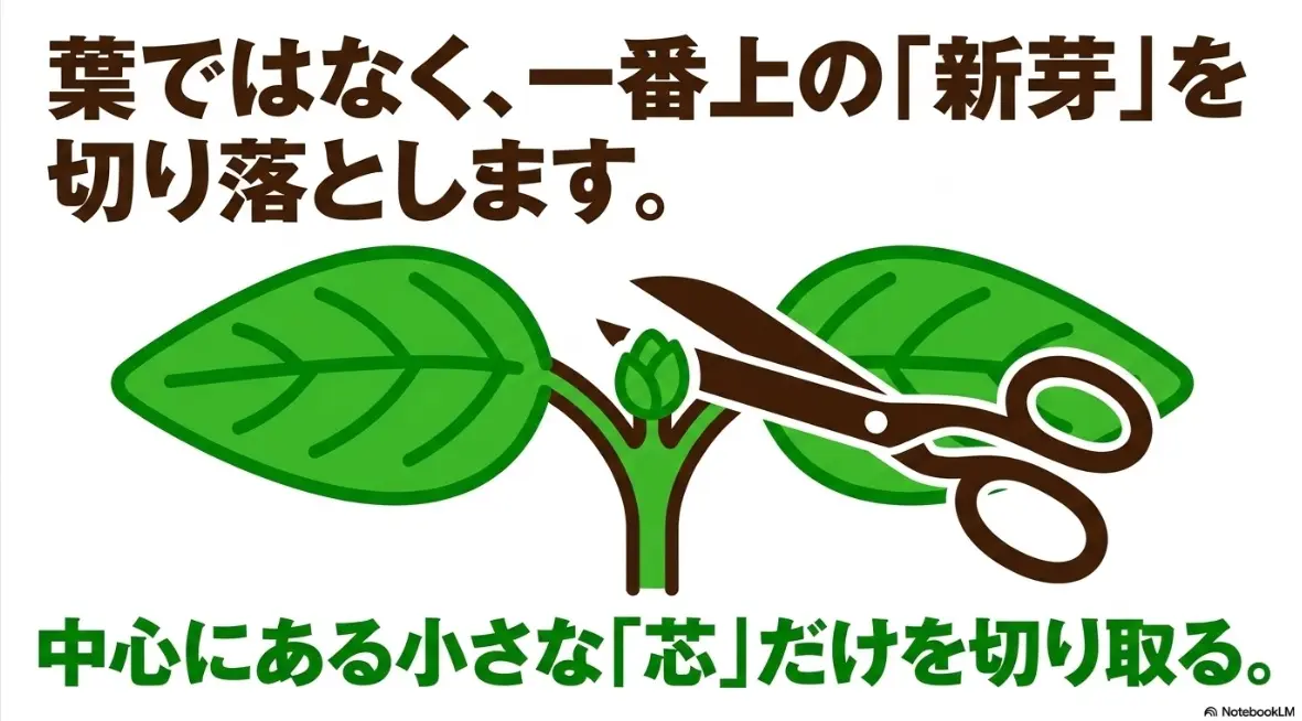 葉ではなく一番上の新芽（芯）だけを切り落とす