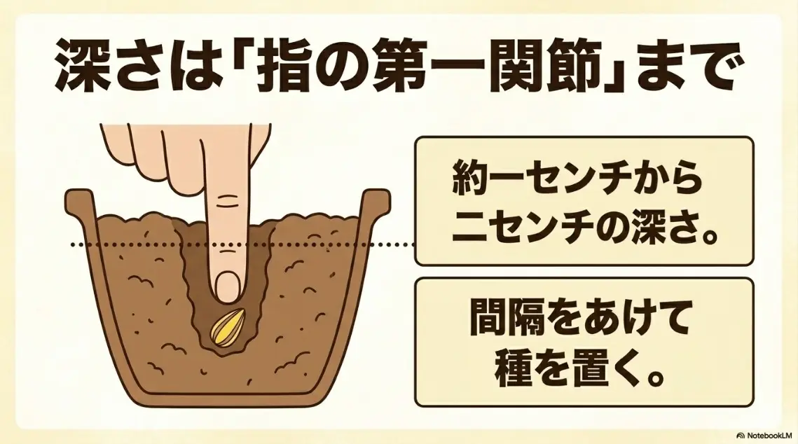 土に指の第一関節（約1〜2センチ）までの深さで間隔をあけてひまわりの種をまく方法