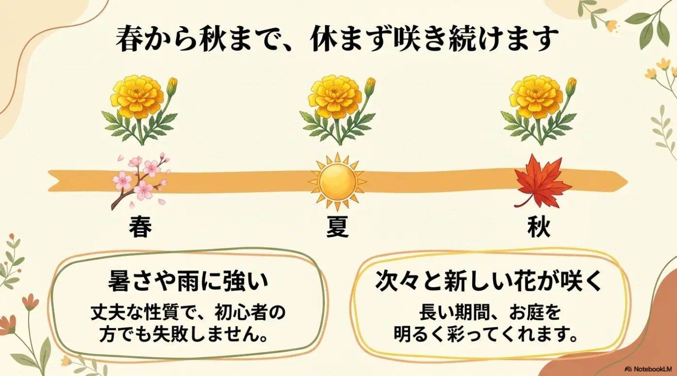 春から秋まで長期間にわたって次々と咲き続けるマリーゴールドの特徴