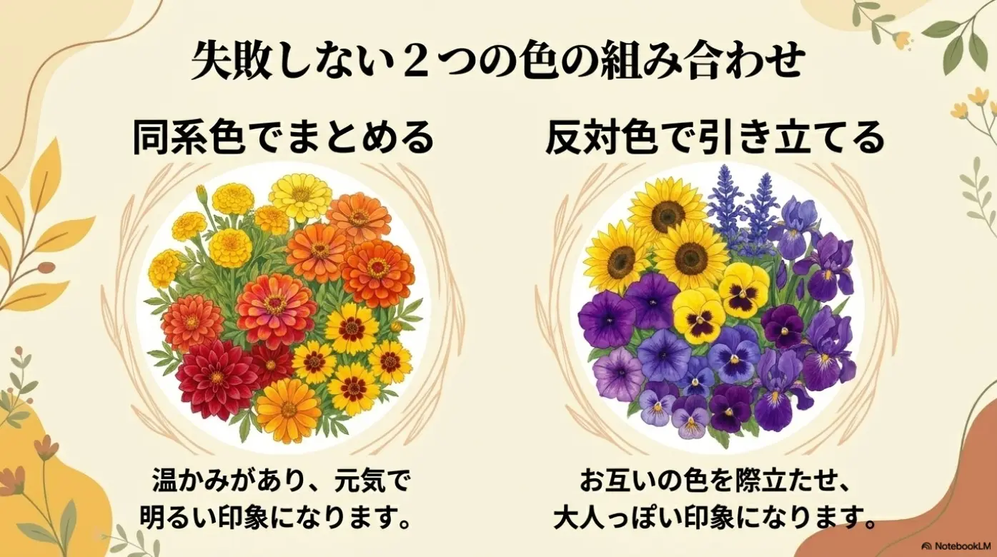 同系色でまとめる方法と反対色で引き立てる方法を比較したイラスト