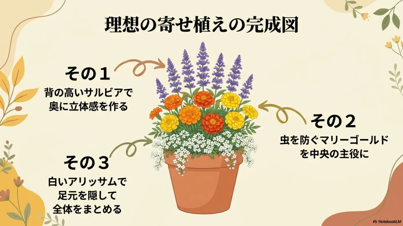 サルビアとマリーゴールドを組み合わせた理想の寄せ植えの図解