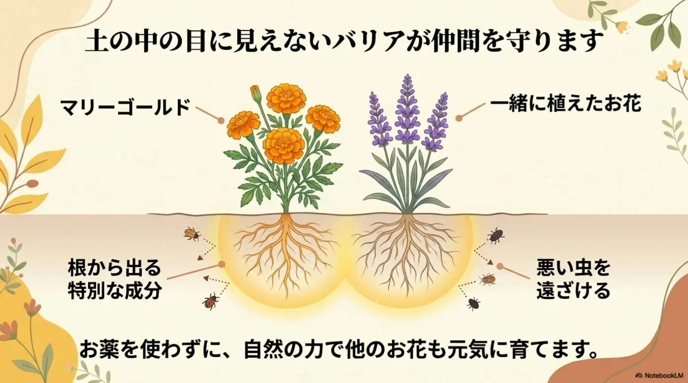 マリーゴールドの根から出る成分が悪い虫を遠ざけるメカニズムの図